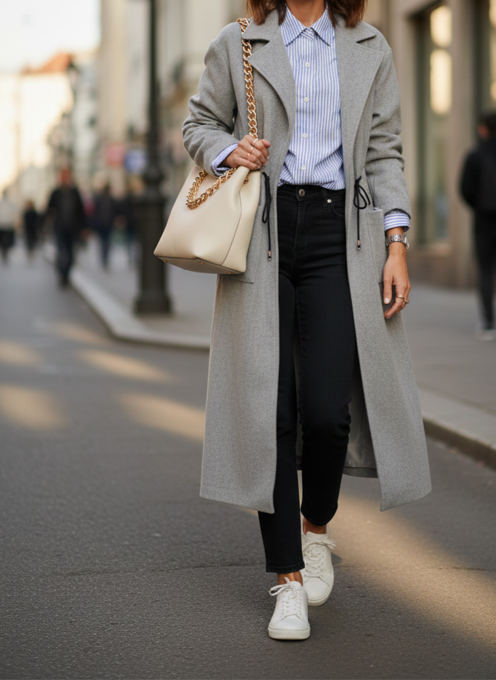 Manteau Long Gris avec Cordon Ajustable