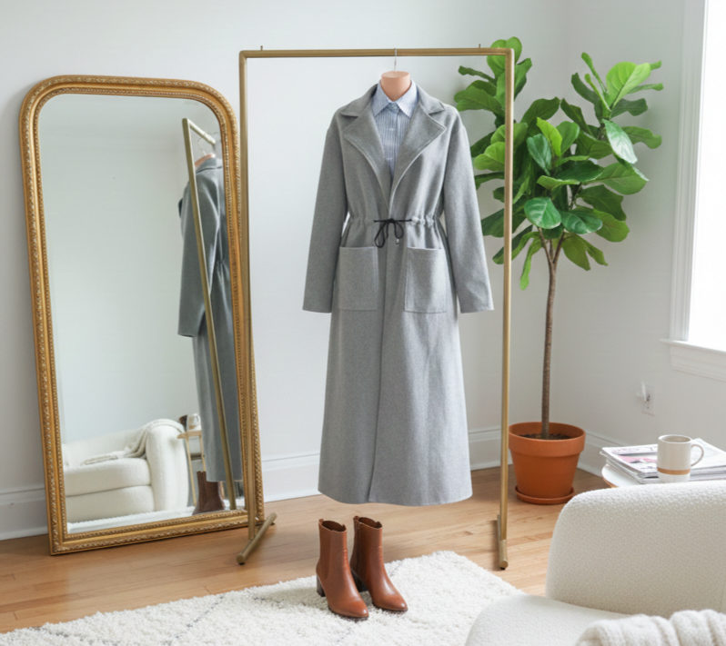 Manteau Long Gris avec Cordon Ajustable