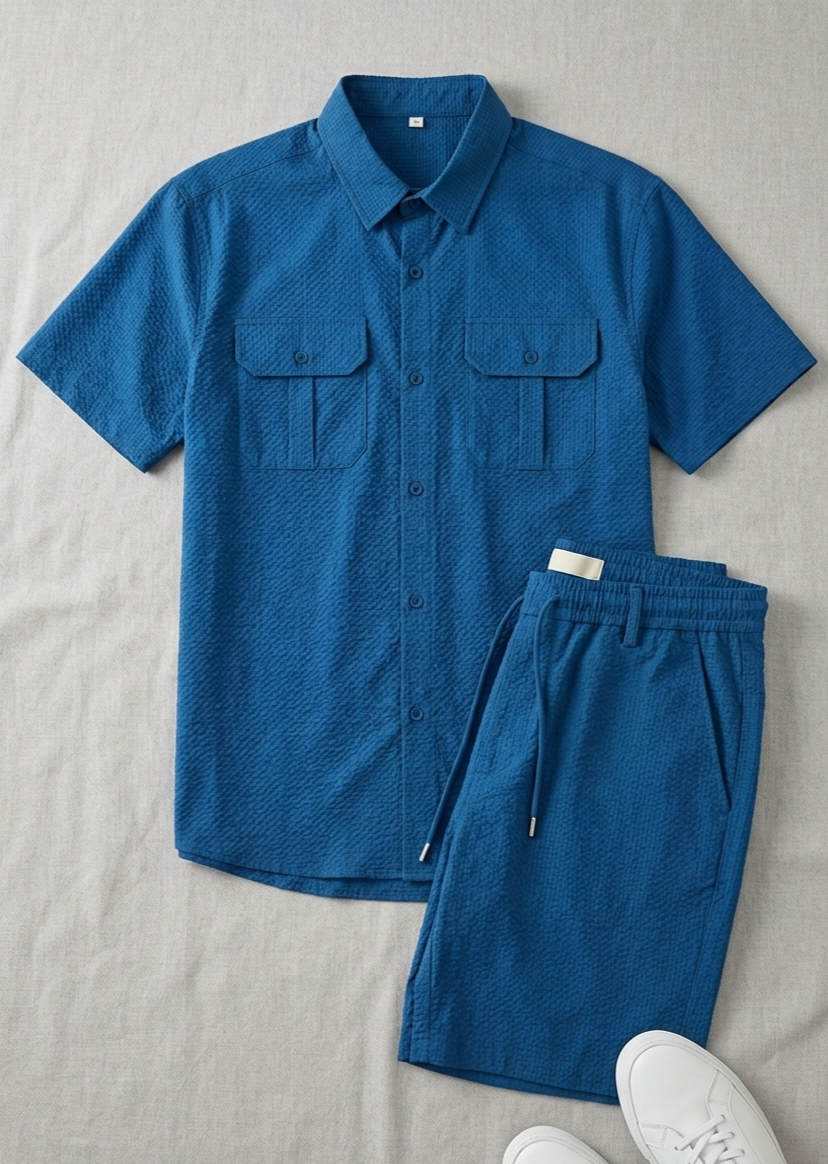 L'Ensemble Short & Chemise Texture Bleue – Le Chic Décontracté